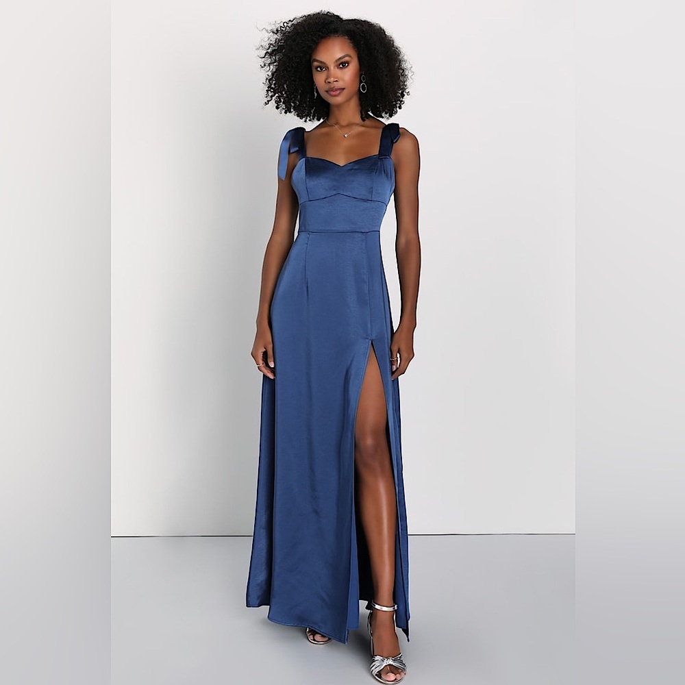 Lulus Effortless Sophistication Navy Blue Satin Tie-Strap Long Maxi Dress,Size S